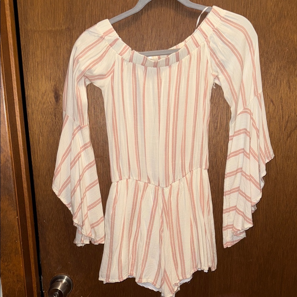 Sage Off-Shoulder Striped Jumpsuit in Cream and Pink